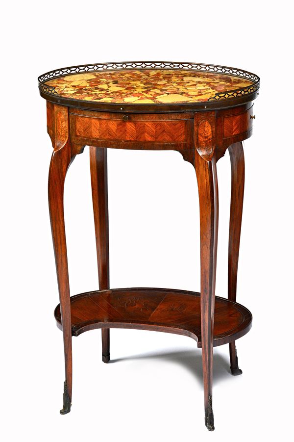 A 19th century French style side table, the galleried oval marble top  over slide and end frieze drawer on slender gilt metal mounted cabriole support