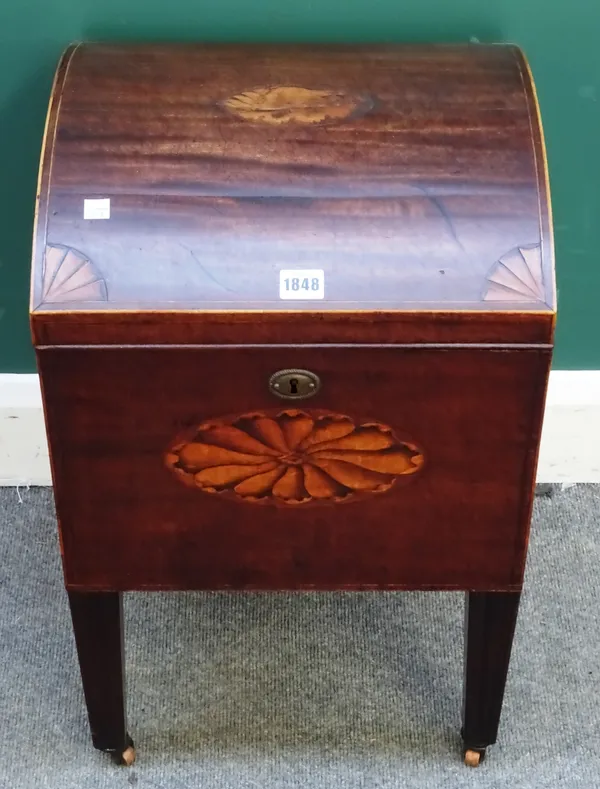 A George III inlaid mahogany domed top cellarette on tapering square supports, 38cm wide x 60cm high x 37cm deep.