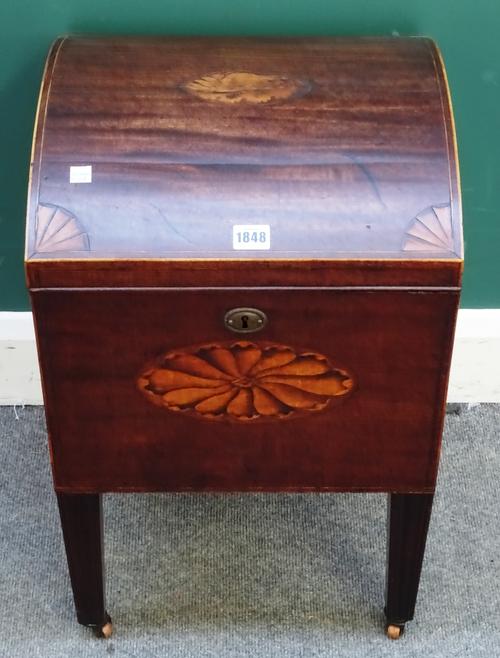 A George III inlaid mahogany domed top cellarette on tapering square supports, 38cm wide x 60cm high x 37cm deep.