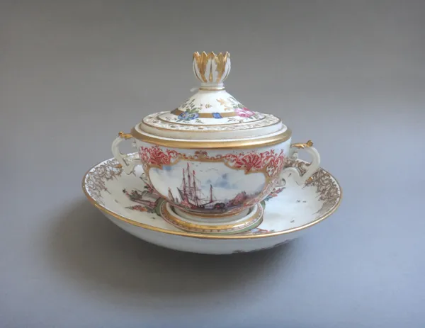 A Meissen two handled ecuelle, matched pierced cover and stand, 18th century and later, painted with sea and riverscapes within gilt foliate cartouche