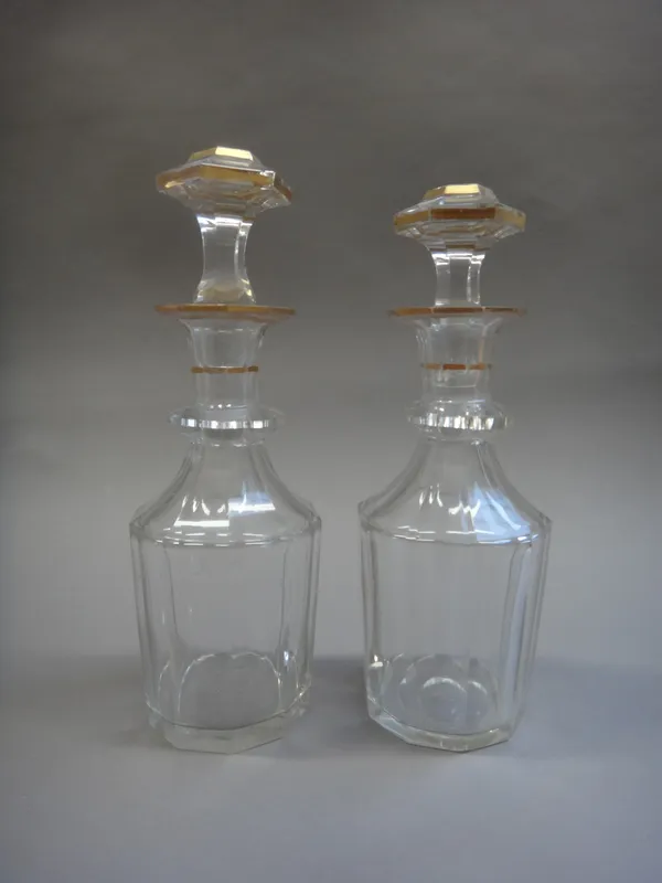 An Art Deco cut glass decanter and stopper, of rectangular form, 25.5cm high, a pair of Regency style candlestick lustres, a part liqueur set and sund