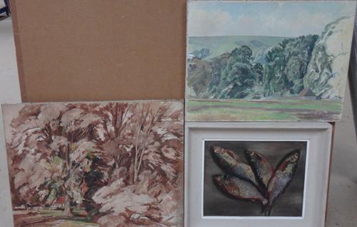 Percy Frederick Horton (1897-1970), Downs with old Chalk pits, View of a cottage through trees, two, oil on canvas, both inscribed on reverse, unframe