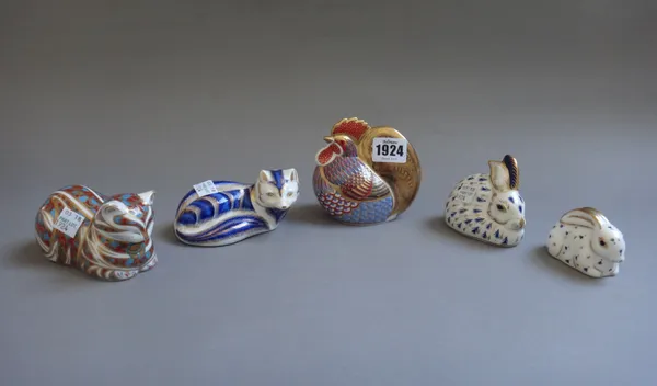 Five Royal Crown Derby Imari paperweights, each with a gold button to the base, comprising; a cockerel, a cat, two rabbits and a fox, (5).