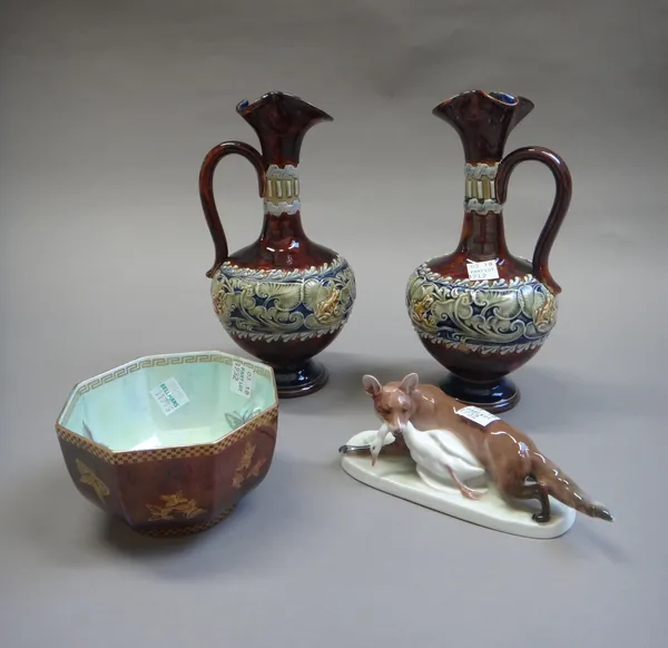 A quantity of ceramics, comprising; a Staffordshire 'fox head' stirrup cup, 12.5cm, a Dutch Delft blue and white dish, 35cm diameter, a pair of Victor