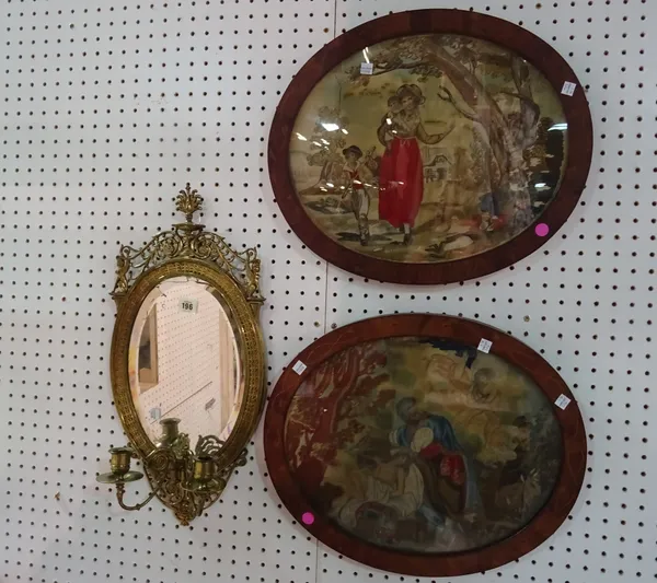 Collectables, comprising; a brass girandole oval wall mirror and two regency silk work pictures, (a.f) (3).  A6