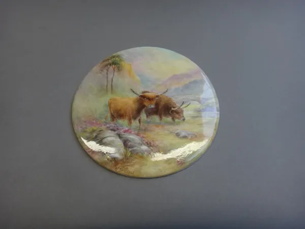 A Royal Worcester circular plaque by Harry Stinton, circa 1920, depicting highland cattle grazing in a landscape, signed and with printed puce mark to