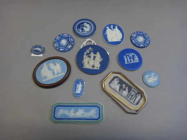 A group of twelve Wedgwood jasper medallions and small  plaques, various dates, subjects including the `Dipping of Achilles' and `Leopold the Lawgiver