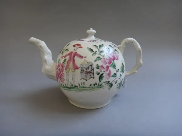 A Staffordshire white saltglazed stoneware teapot and cover, circa 1765, of globular form with crabstock handle and spout, each side painted in famill