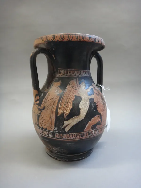 A Greek red figure Pelike, probably circa 4th century BC, decorated with figures including a winged figure and a profile portrait of a man, (a.f), 20.