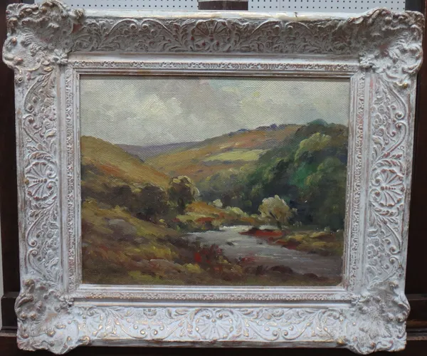 English School (20th century), Landscape, oil on canvas, unframed, 31cm x 51cm; together with two further oil landscapes, including of cattle grazing