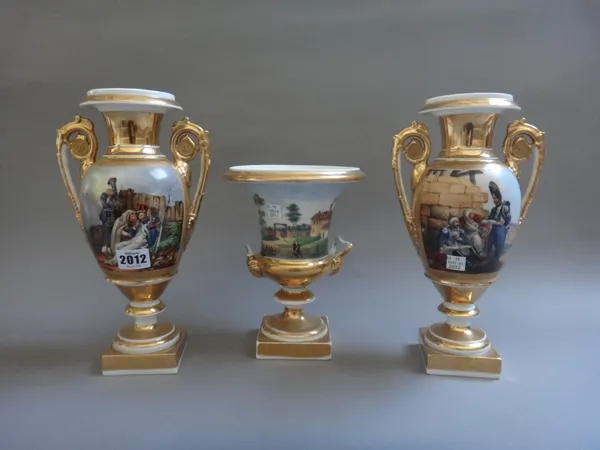 A pair of Paris porcelain gold ground two handled vases, mid 19th century , each painted  with soldiers, 29cm high; and a Paris porcelain gold ground