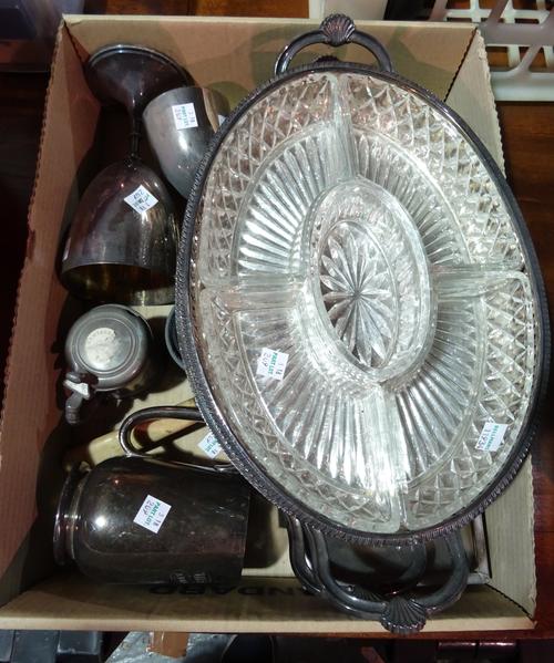 Silver plated wares, including; goblets, vanity jars, twin handled trays with glass insets, and sundry, (qty).  H1