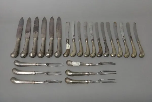 Twelve Victorian silver handled cheese knives, with steel blades and pistol grip style handles, Edinburgh 1894, also six pairs of knives and forks, ha