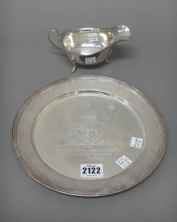 Silver, comprising; a circular dish, commemorating Her Majesty Queen Elizabeth The Queen Mother's 80th Birthday, Sheffield 1980, diameter 23cm and a s