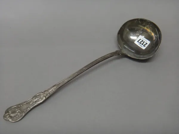 A Victorian silver double struck King's pattern soup ladle, crest engraved, London 1840, weight 294 gms.