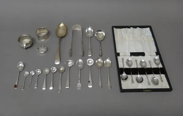 Silver, comprising; a set of six coffee spoons, with a case, a preserve spoon, fourteen further spoons, a pair of Victorian sugar tongs, a napkin ring