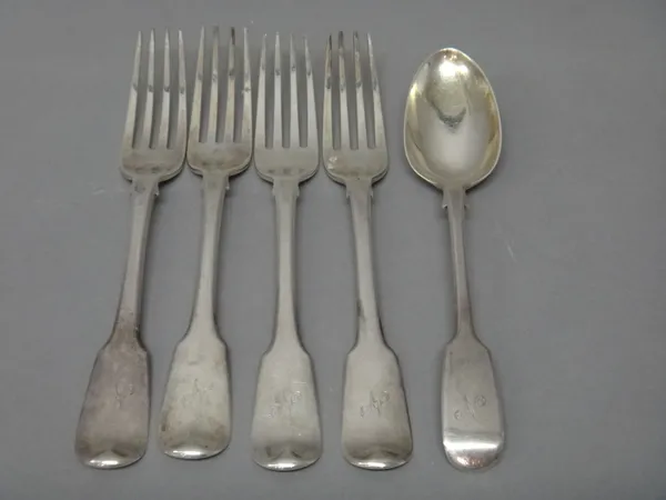 Silver fiddle pattern table flatware, comprising; four George III table forks, London 1813 and a Victorian dessert spoon, London 1856, combined weight