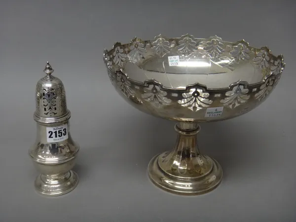 A silver sugar caster, of baluster form, raised on a circular foot, London 1927, height 18cm, weight 197 gms and a silver centrepiece bowl, decorated