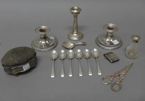 Silver and silver mounted wares, comprising; a Victorian tea caddy spoon, the fan shaped bowl with engraved decoration, Birmingham 1869, a rectangular