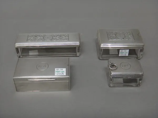 A silver rectangular case, to hold a razor, fitted within with two base metal 'Gillette Blades' cases to hold razor blades, the bottoms of these two c