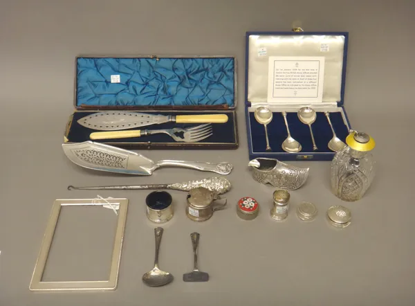 Mostly silver and silver mounted wares, including some foreign and plated, comprising; a William IV fish slice, London 1831, a set of four seal termin