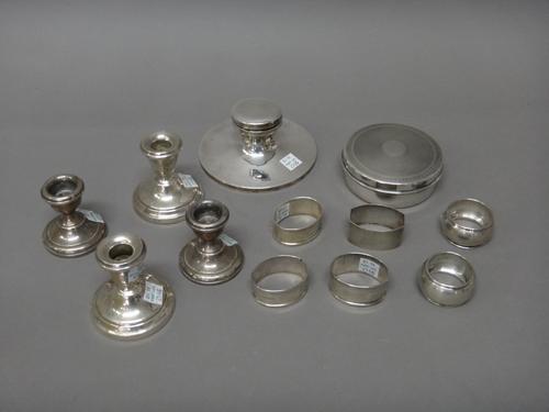 Silver and silver mounted wares, comprising; a circular box, with engine turned decoration, Birmingham 1948, a circular inkstand, Birmingham 1922, a p