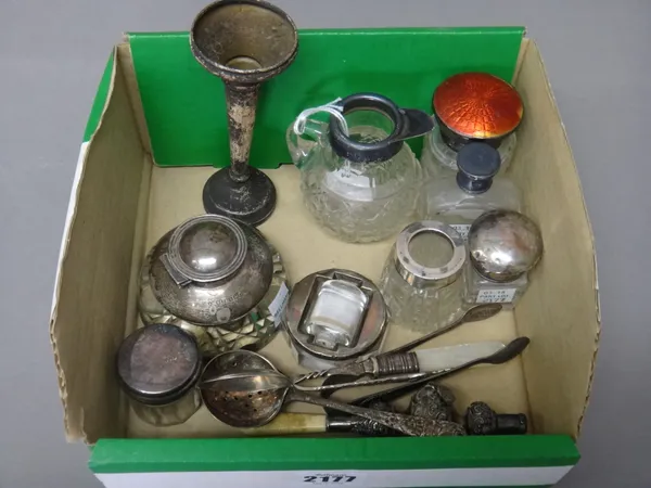 Mostly silver and silver mounted wares, comprising; a circular glass inkwell, Birmingham 1903, a glass postage stamp moistener, Birmingham 1910, a fac