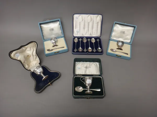 Silver, comprising; a set of six teaspoons commemorating The Festival of Britain 1951, London 1951, with a case and four composite part christening se