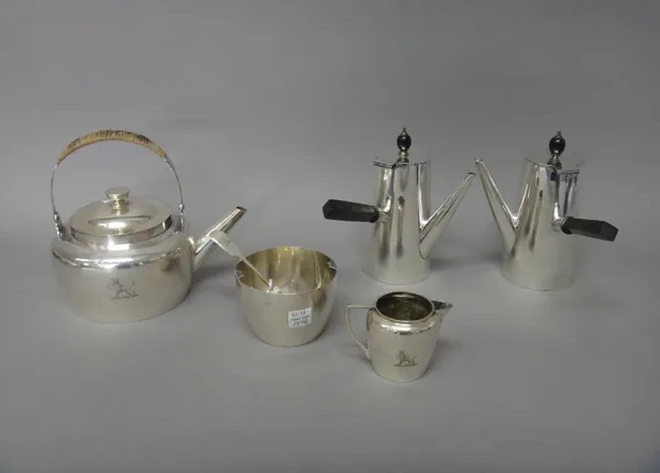 Plated wares, comprising; a part tea set, to include a teapot in a design by Dr Christopher Dresser, by Hukin & Heath Ltd, of circular form, with a pl