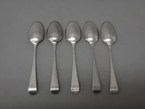 Five silver bottom marked Hanoverian pattern picture back teaspoons, each decorated to the back of the bowl with a sailing ship, circa 1800, sample le