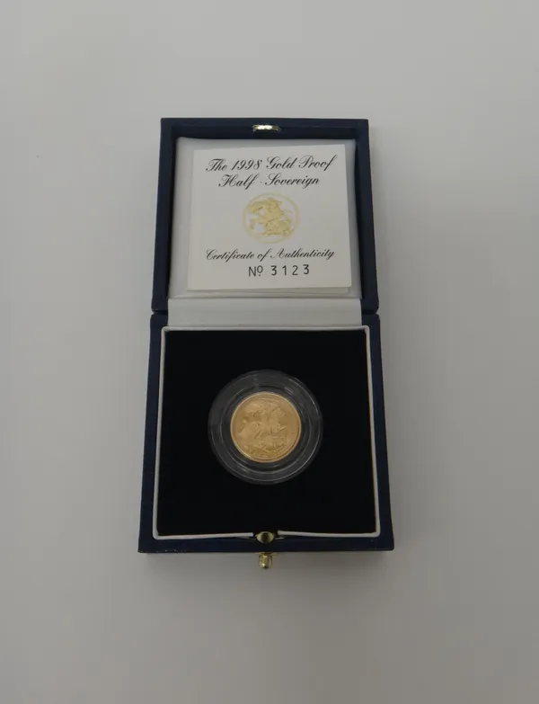 An Elizabeth II proof half sovereign 1998, with a Royal Mint case and certificate card.