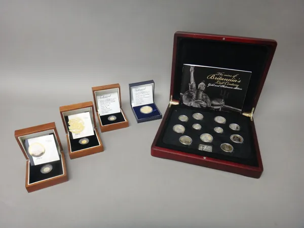 A collection of modern collector's coinage, including; five miniature gold coins, including three with display boxes, a parcel gilt set with a booklet