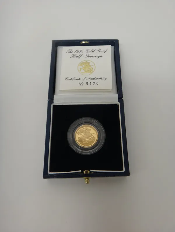 An Elizabeth II proof half sovereign 1998, with a Royal Mint case and certificate card.