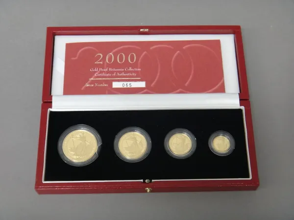 A United Kingdom Britannia gold proof four coin set, 2000, with a Royal Mint case and certificate.