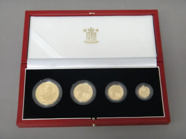 A United Kingdom Britannia gold proof four coin set, 2002, with a Royal Mint case, (certificate lacking).