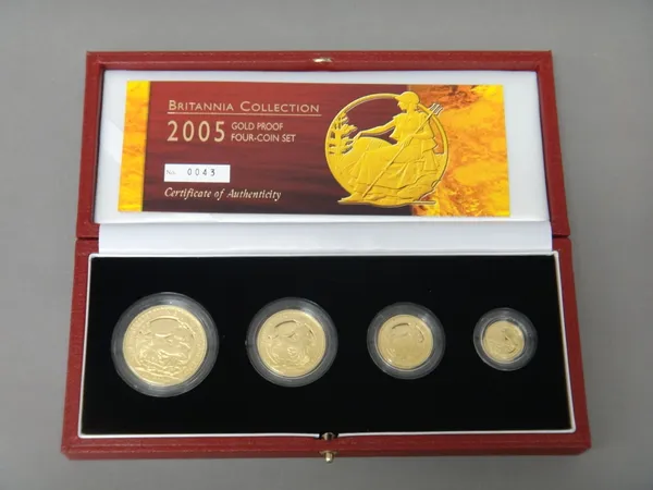 A United Kingdom Britannia gold proof four coin set, 2005, with a Royal Mint case and certificate.