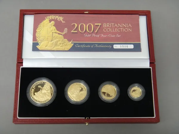 A United Kingdom Britannia gold proof four coin set, 2007, with a Royal Mint case and certificate.