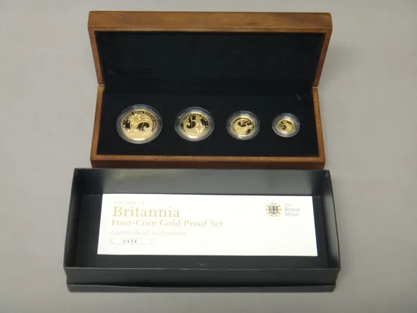 A United Kingdom Britannia gold proof four coin set, 2008, with a Royal Mint case, certificate and box.