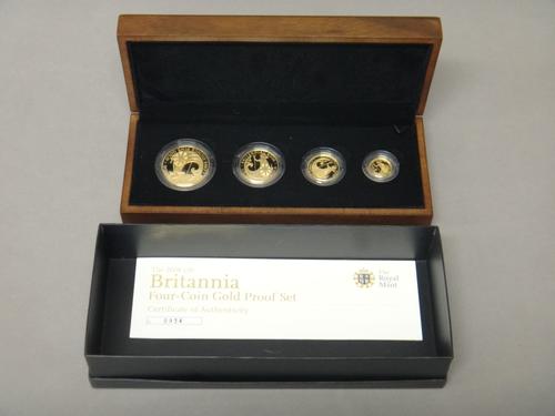 A United Kingdom Britannia gold proof four coin set, 2008, with a Royal Mint case, certificate and box.