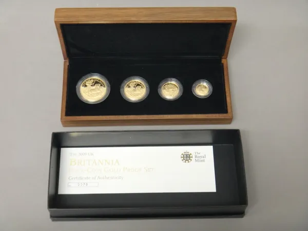 A United Kingdom Britannia gold proof four coin set, 2009, with a Royal Mint case, certificate and box.