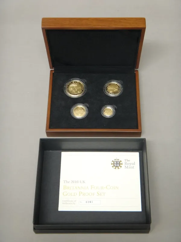 A United Kingdom Britannia gold proof four coin set, 2010, with a Royal Mint case, certificate and box.