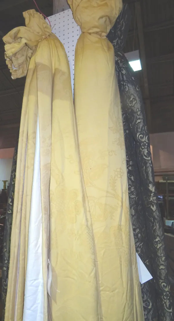Curtains, comprising; three pairs of gold floral curtains, lined and interlined, 100cm wide x 245cm drop, 135cm x 240cm drop, and 82cm wide x 96cm, (6