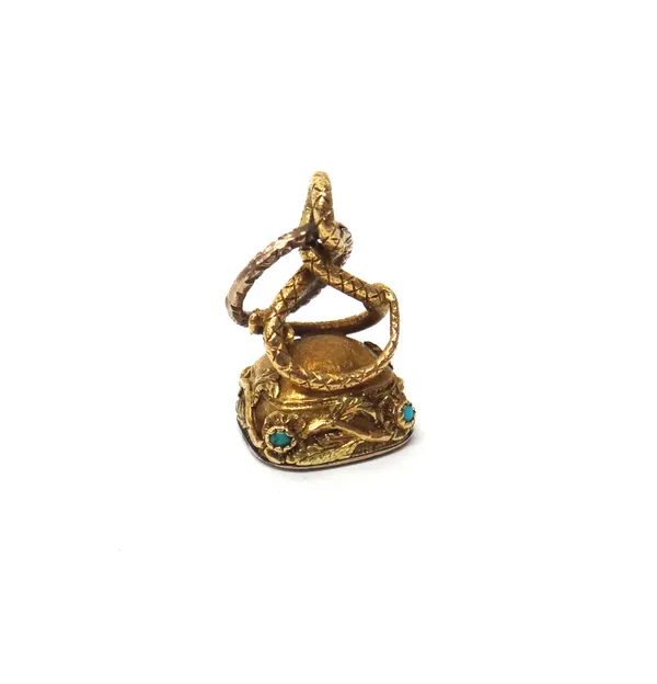 A Victorian two colour gold and turquoise set fob seal, with a serpentine motif to the top, the two colour gold foliate border mounted with turquoise