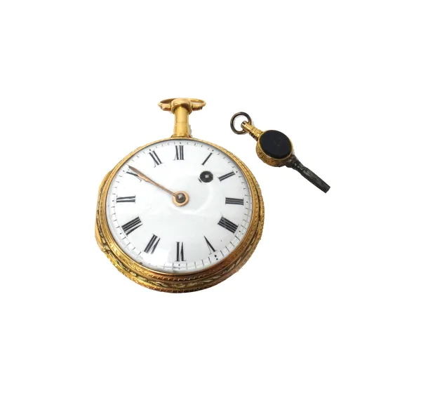 A gold cased and enamelled key wind, openfaced pocket watch, the gilt fusee movement with a cylinder escapement, detailed to the backplate LARPENT & J