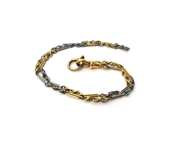 A platinum and gold dress Albert chain, in an alternating twin bar and triple knot link design, fitted with a boltring and a swivel, length 38cm, weig