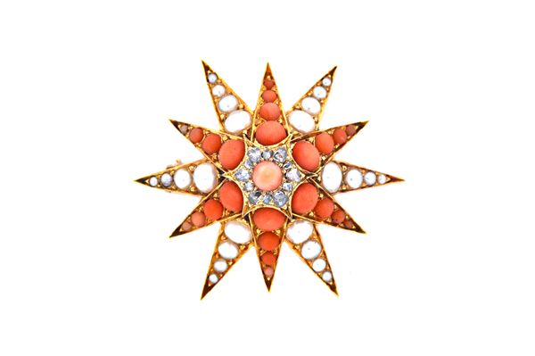 A diamond, coral and half-pearl set pendant brooch in a star design, circa 1900, the central coral bead with a surround of claw set alternating smalle