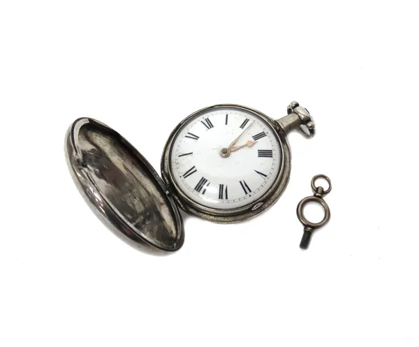 A gentleman's silver cased hunting cased pocket watch, the gilt fusee movement with a verge escapement, pierced and engraved balance cock, engraved to