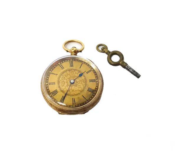 A lady's gold cased, key wind, openfaced fob watch, with an unsigned gilt jewelled cylinder movement, gilt metal inner case, the floral engraved gilt