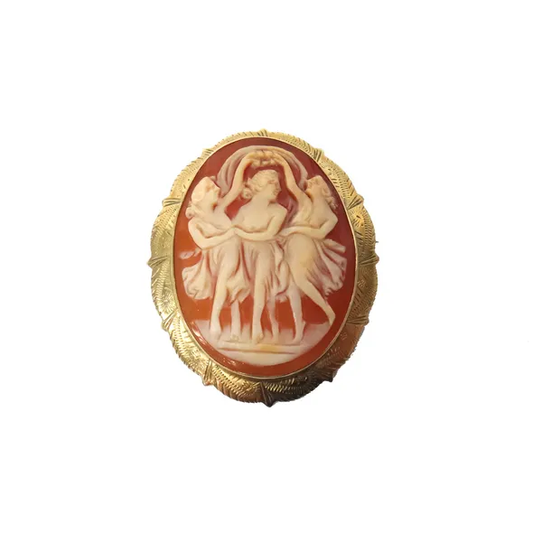 A 9ct gold mounted oval shell cameo brooch, carved as The Three Graces, the mount with engraved decoration, Birmingham 1970.