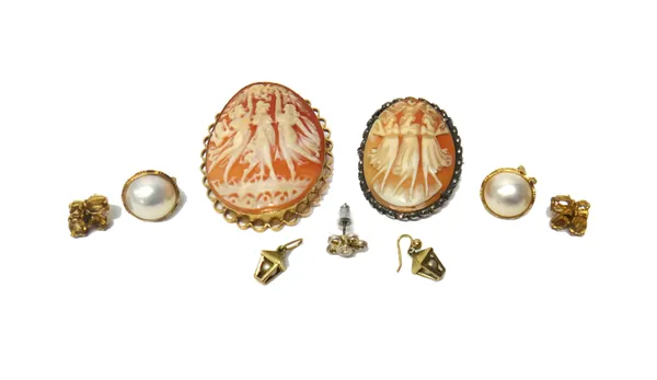 A 9ct gold mounted oval shell cameo brooch, carved as The Three Graces, another shell cameo and marcasite set oval brooch, a pair of gold and citrine